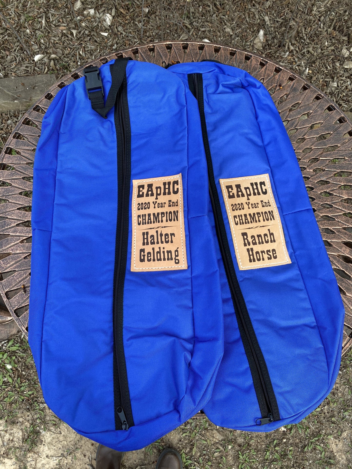 Custom Trophy Bridle Bag — Personalized Bridle and Halter Bag with Lasered Leather Patch for Horse Show Awards