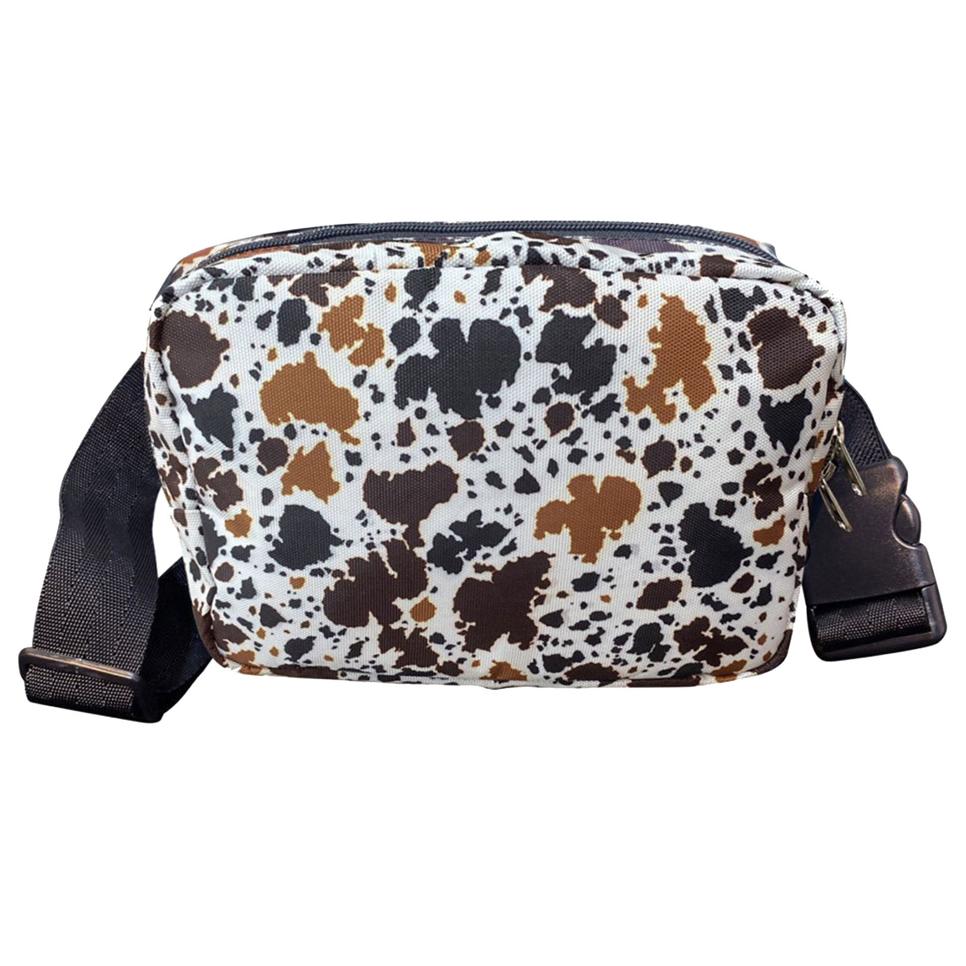 Fanny pack bag with a cow print pattern