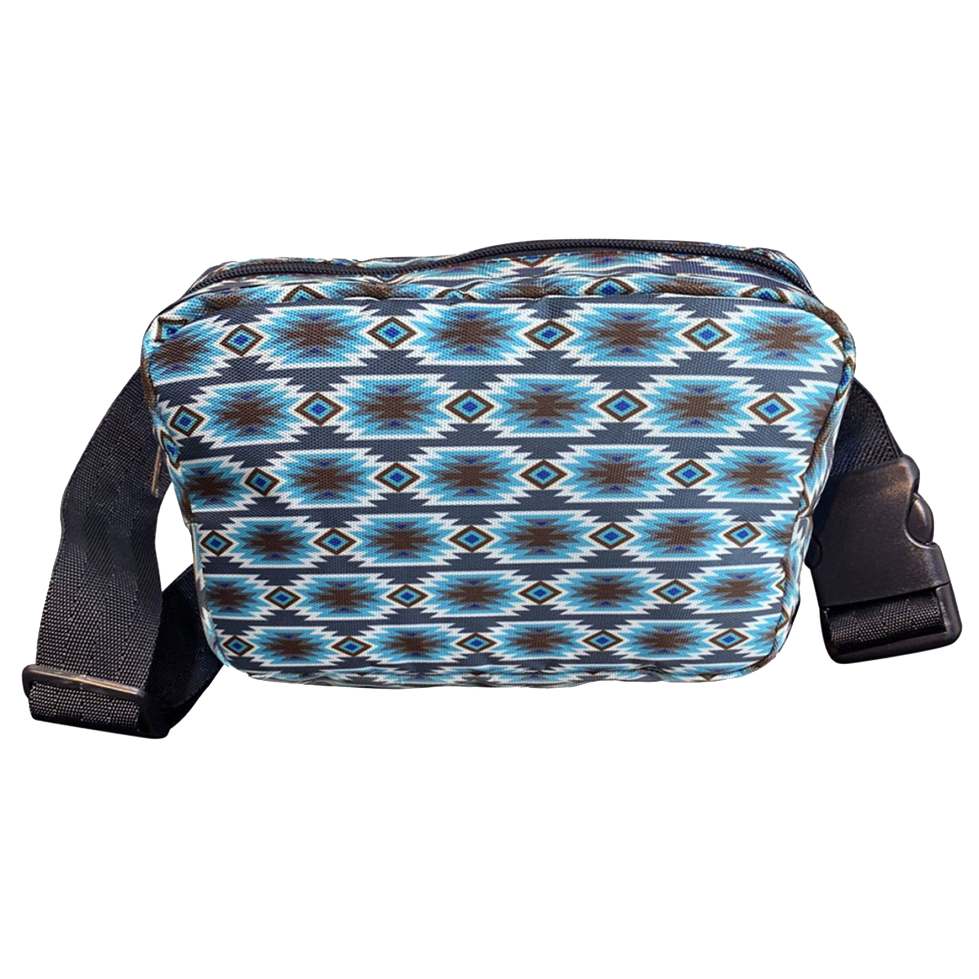Patterned blue and teal geometric customizeable belt bag with black straps