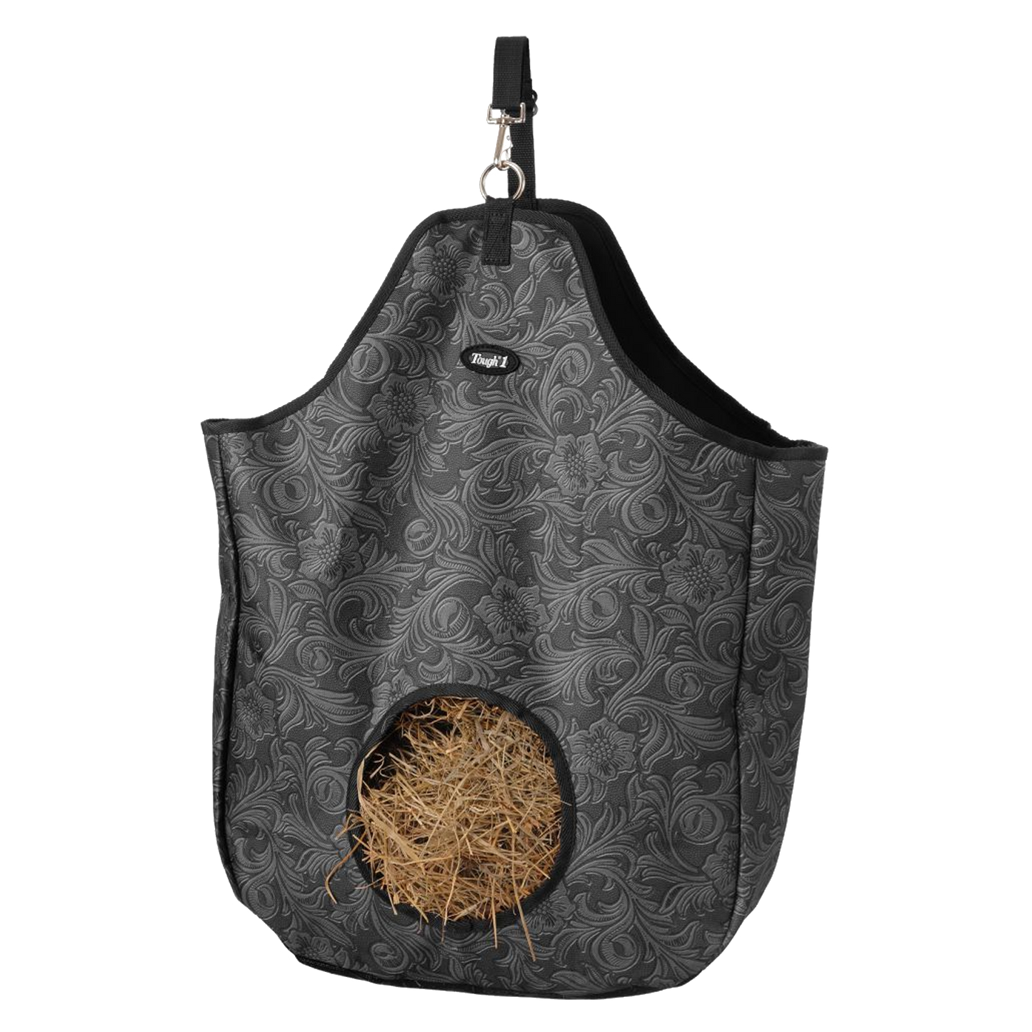 Gray faux leather tooled patterned hay bag with Tough 1 branding and hay inside.