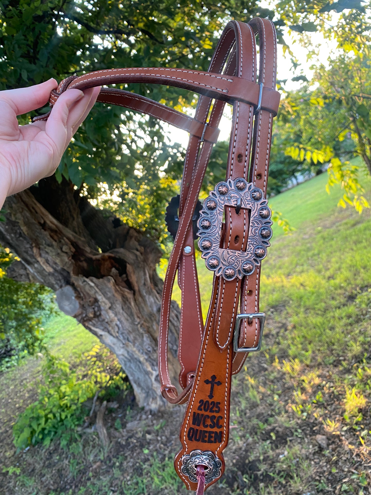 Brown leather bridle with decorative buckle and laser engraved sides held by a hand against a natural background