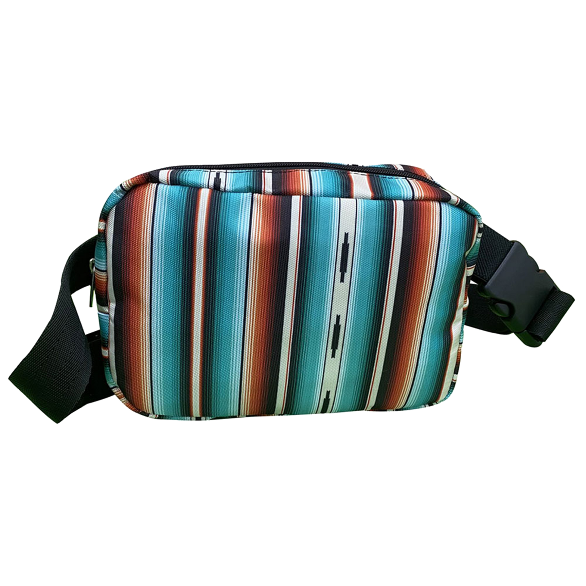 An orange and blue serape southwest print fanny pack with a nylon belt strap.