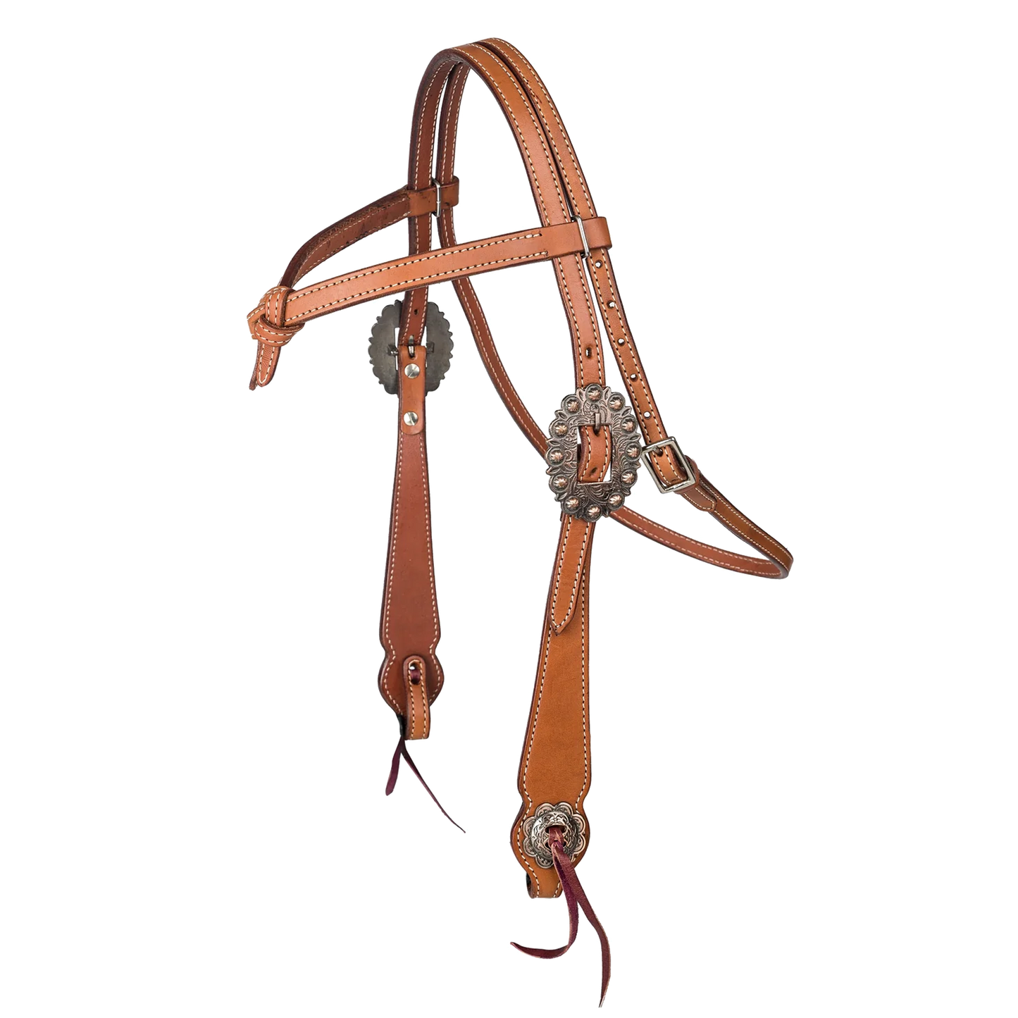 Brown leather horse bridle with knotted browband and decorative copper buckles