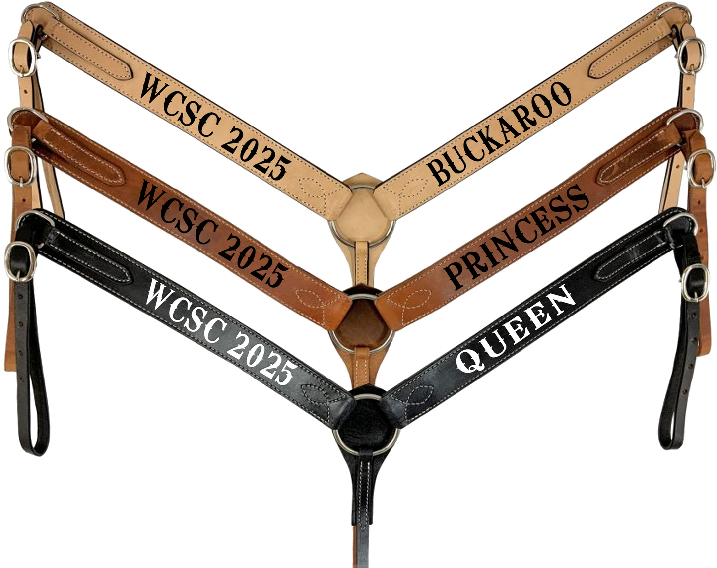 custom laser engraved economy trophy breast collars in natural medium oil and black leather
