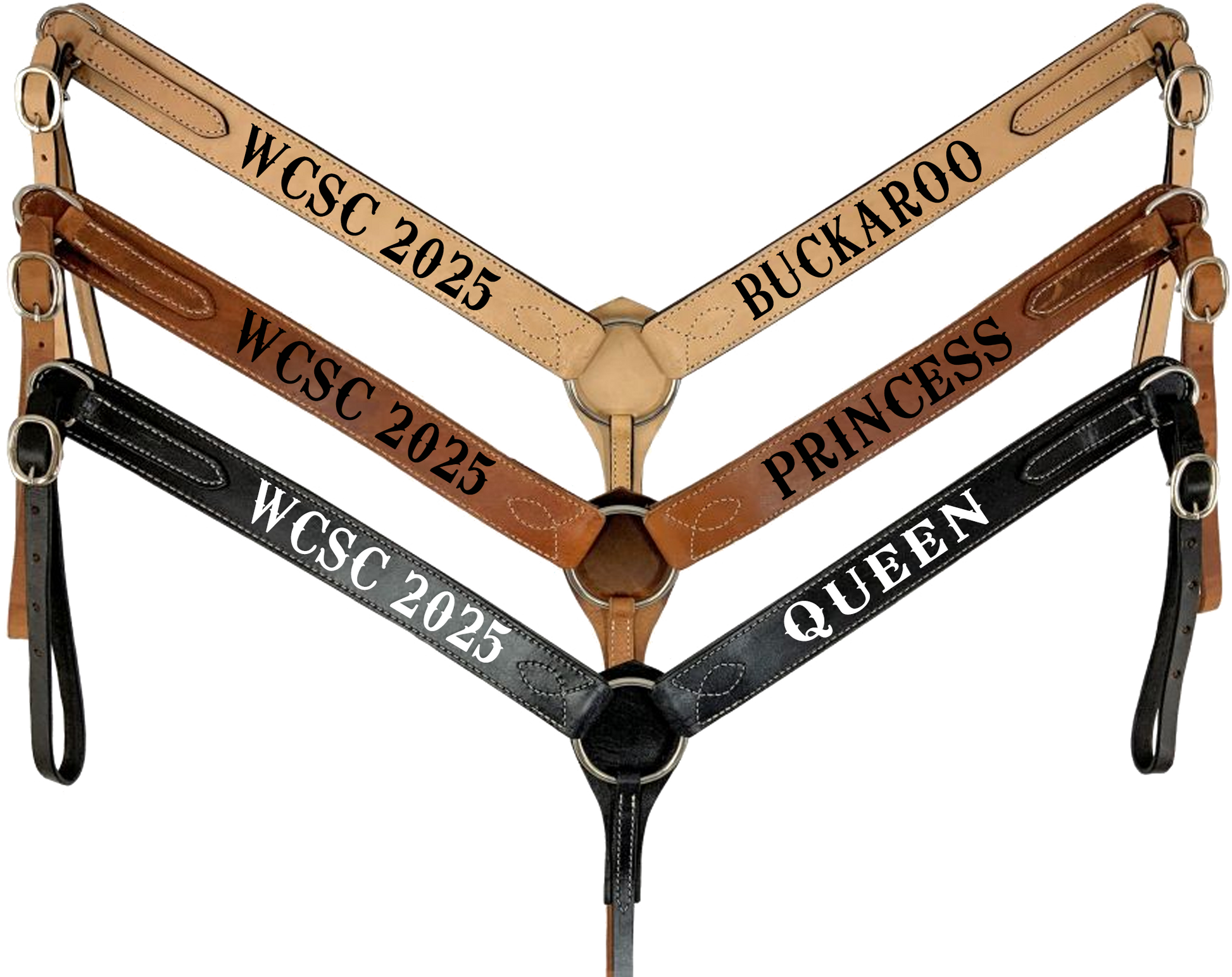 custom laser engraved economy trophy breast collars in natural medium oil and black leather