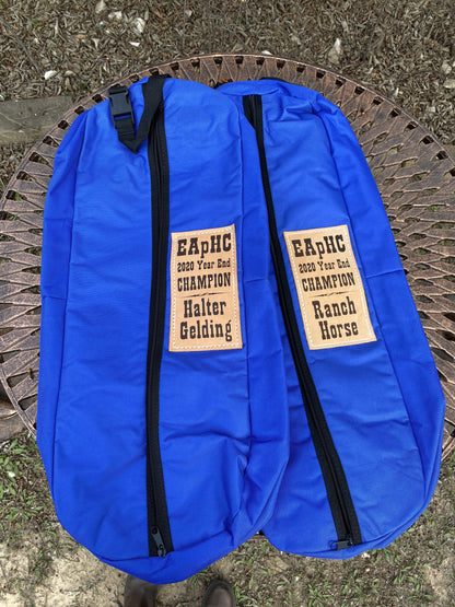 Custom Trophy Bridle Bag — Personalized Bridle and Halter Bag with Lasered Leather Patch for Horse Show Awards