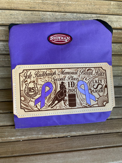 Custom equestrian hay feeder bag with barrel race logo engraving and sponsorship logos for the benefit
