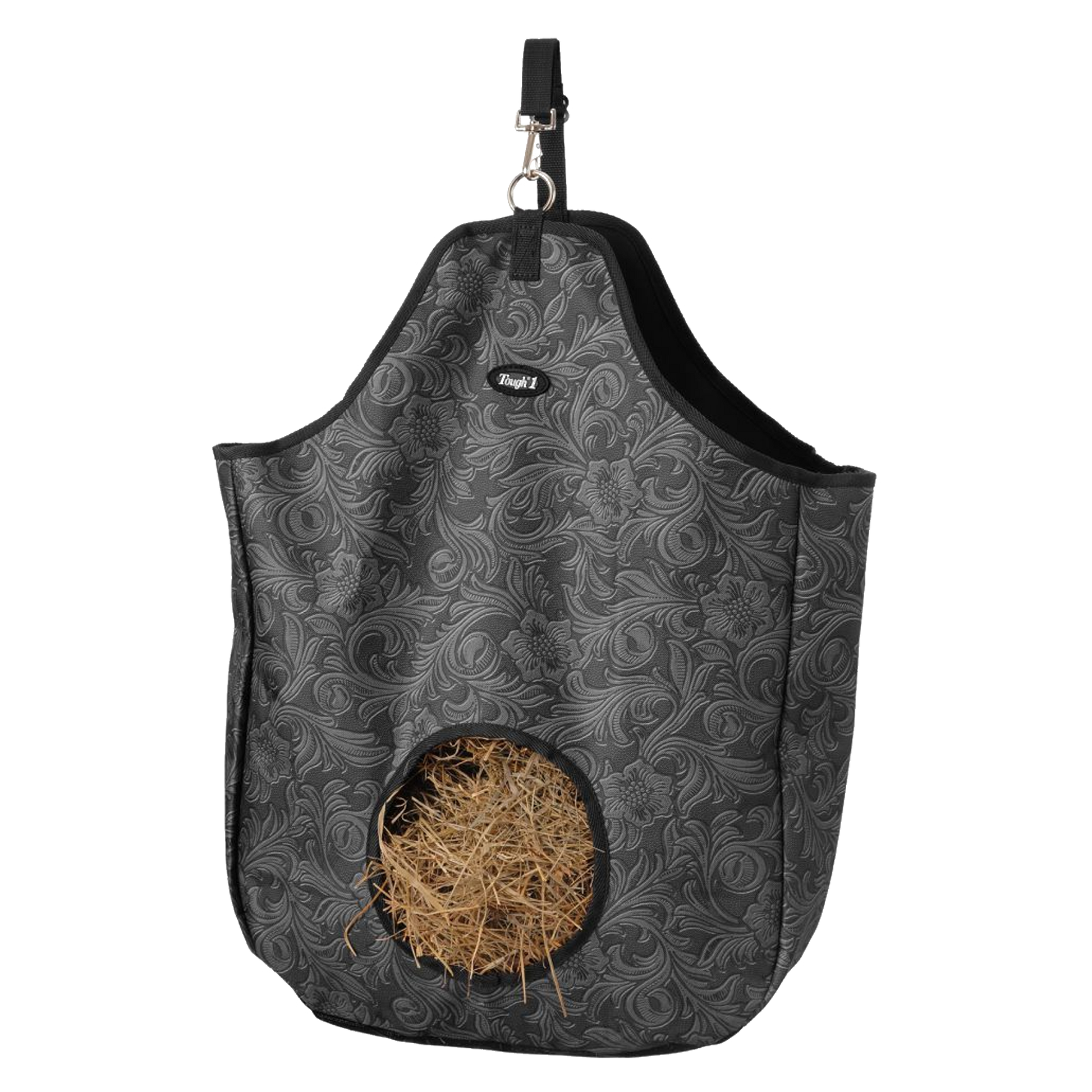 Gray faux leather tooled patterned hay bag with Tough 1 branding and hay inside.