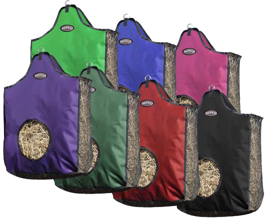 Set of seven horse feeder hay bags in different bright colors