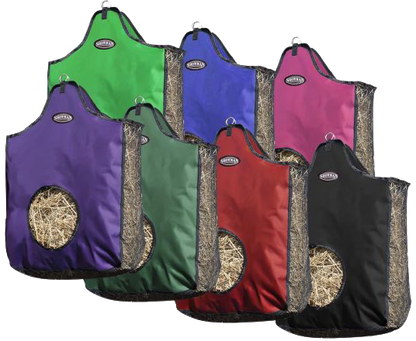 Set of seven horse feeder hay bags in different bright colors