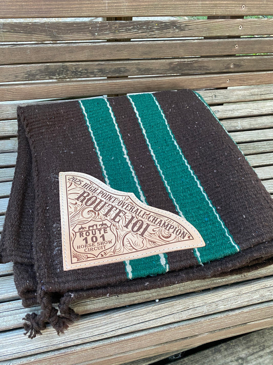 custom engraved western saddle pad award trophy with green and brown stripe pattern